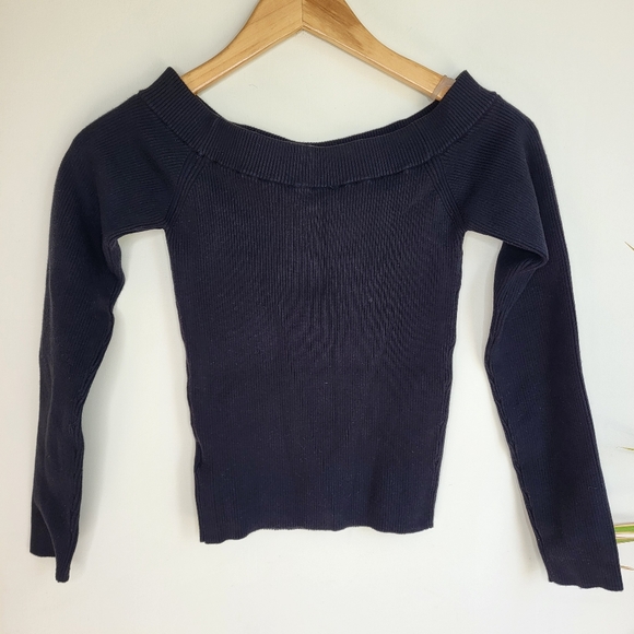 Express Body Contour Collection Off Shoulder Black Ribbed Sweater - Picture 5 of 9